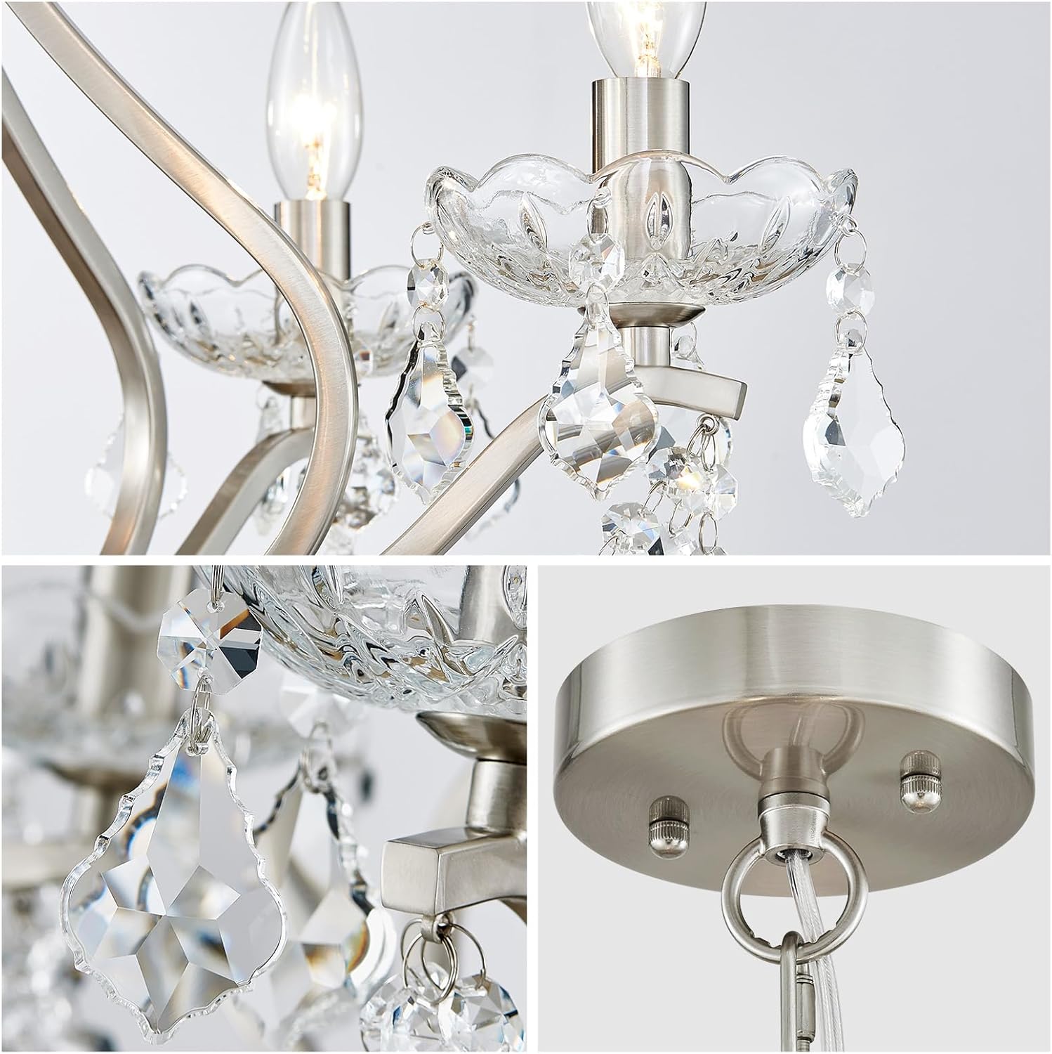 WUZUPS Crystal 5-Light Candle Chandelier Pendant Flushmount Ceiling Light Modern Lighting Fixture for Bedroom Hallway Bar Kitchen Bathroom, H 20.9" x W 21.7", Brushed Nickel, E12 Base
