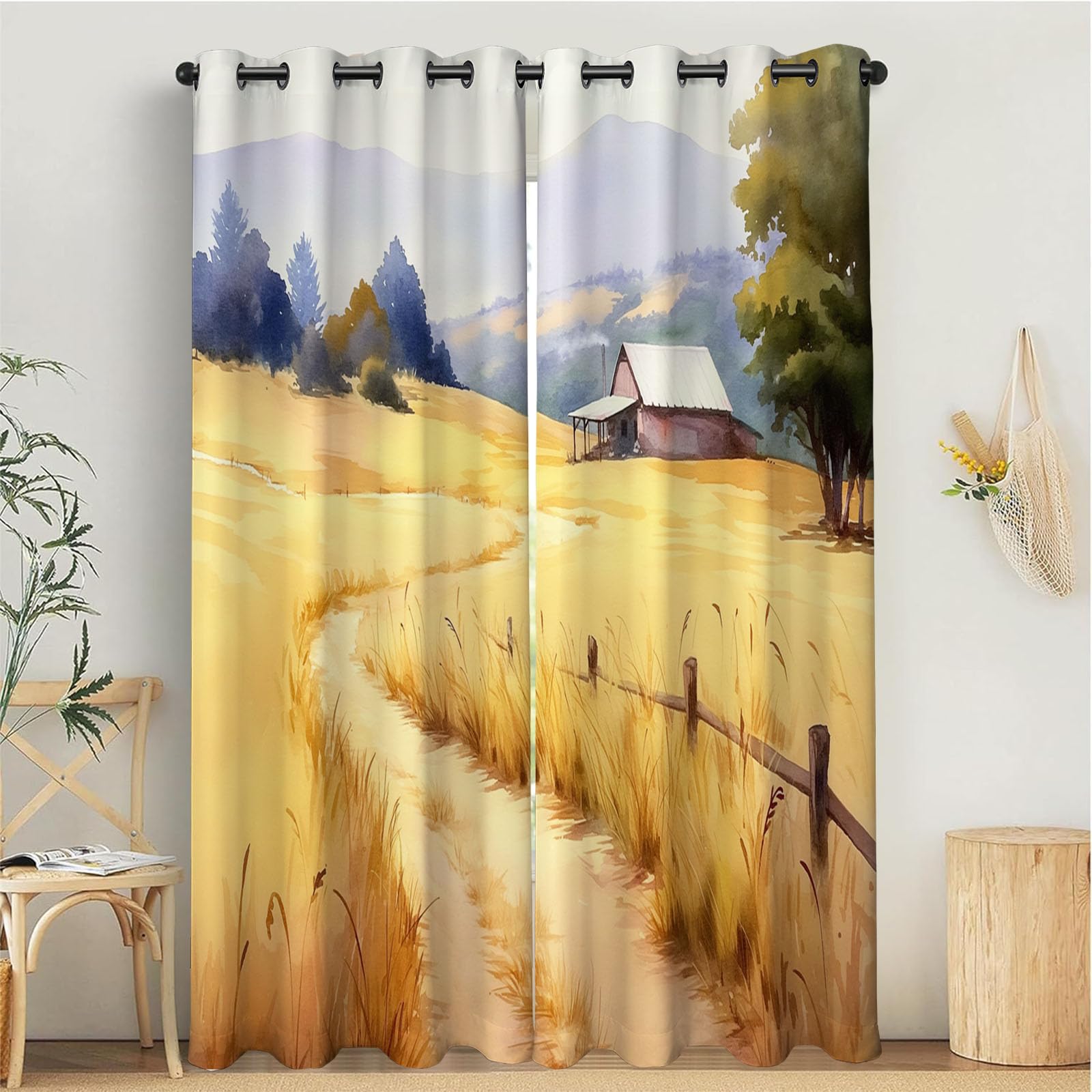 Rideaux occultants vintage 140x240 cm à motif champ de blé jaune style ferme pour salon