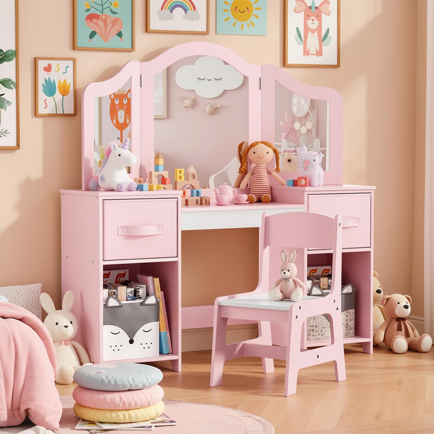 Clevich Toeletta per Bambini in Legno, Con Specchio Staccabile, Cassetti in Tessuto e Sedia, Scrivania per Bambini Robusta, Toeletta Trucco 2 in 1 per Bambina per 3 Anni, 108x30x114 cm (Rosa-Bianco)