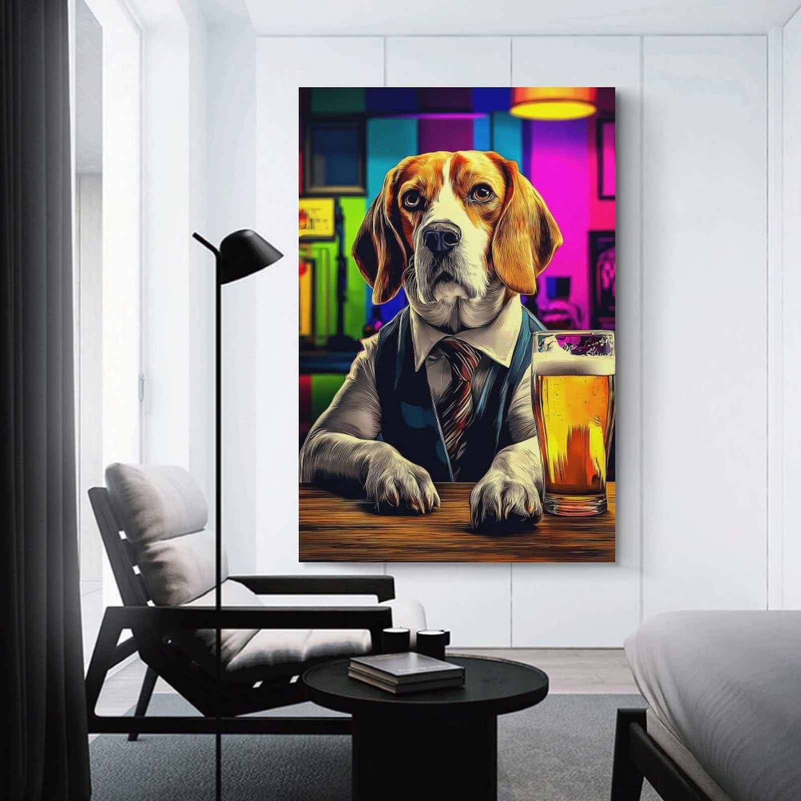 Junmoney Beagle in Suit Enjoying Beer at Bar Wall Decor Canvas Print, 24x36inch(60x90cm), for Living Room, Lounge Or Sitting Room, Easy Decor for Gallery Walls