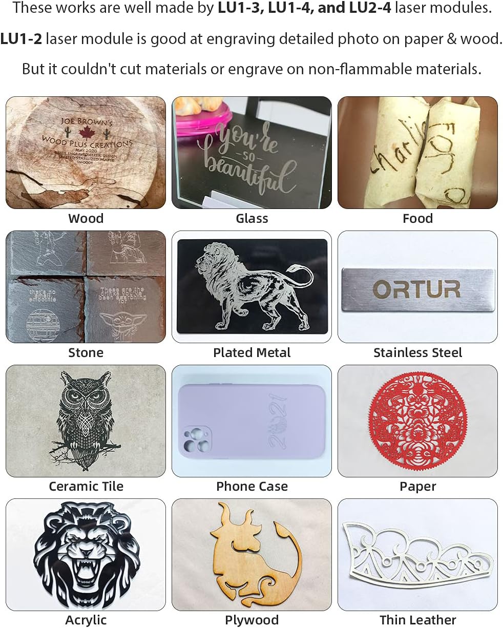 Examples of materials engraved by Ortur Laser Master 2