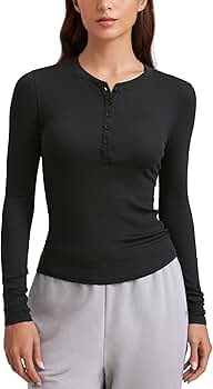 CRZ YOGA Ribbed Modal Henley Shirts for Women - Comfort Casual