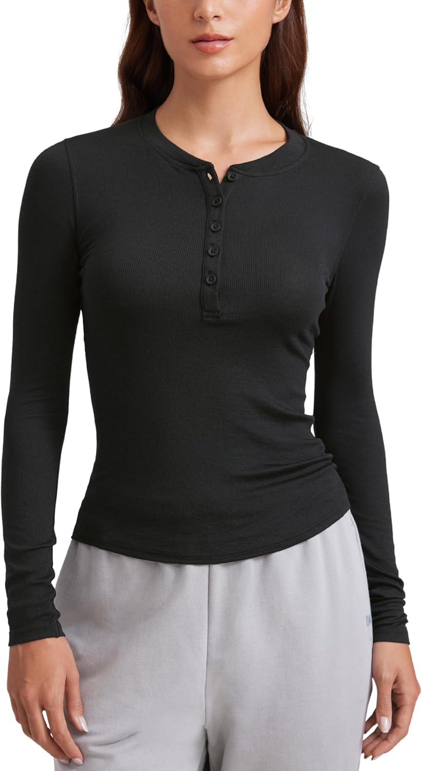 CRZ YOGA Ribbed Modal Henley Shirts for Women - Comfort Casual Knit Long Sleeve Tops Soft Stretchy Basic Fitted Layering
