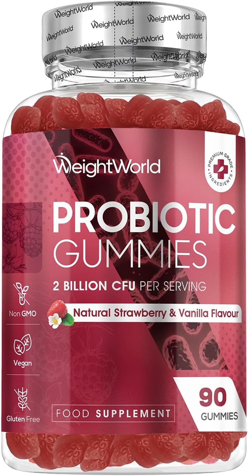 Probiotic Gummies with Prebiotics - 5 Billion CFU - 45 Days Supply - 90 Vegan Gummies - Natural Strawberry & Vanilla Flavour - Spore-Forming Bacillus Coagulans Strain & Prebiotic Fibre Inulin