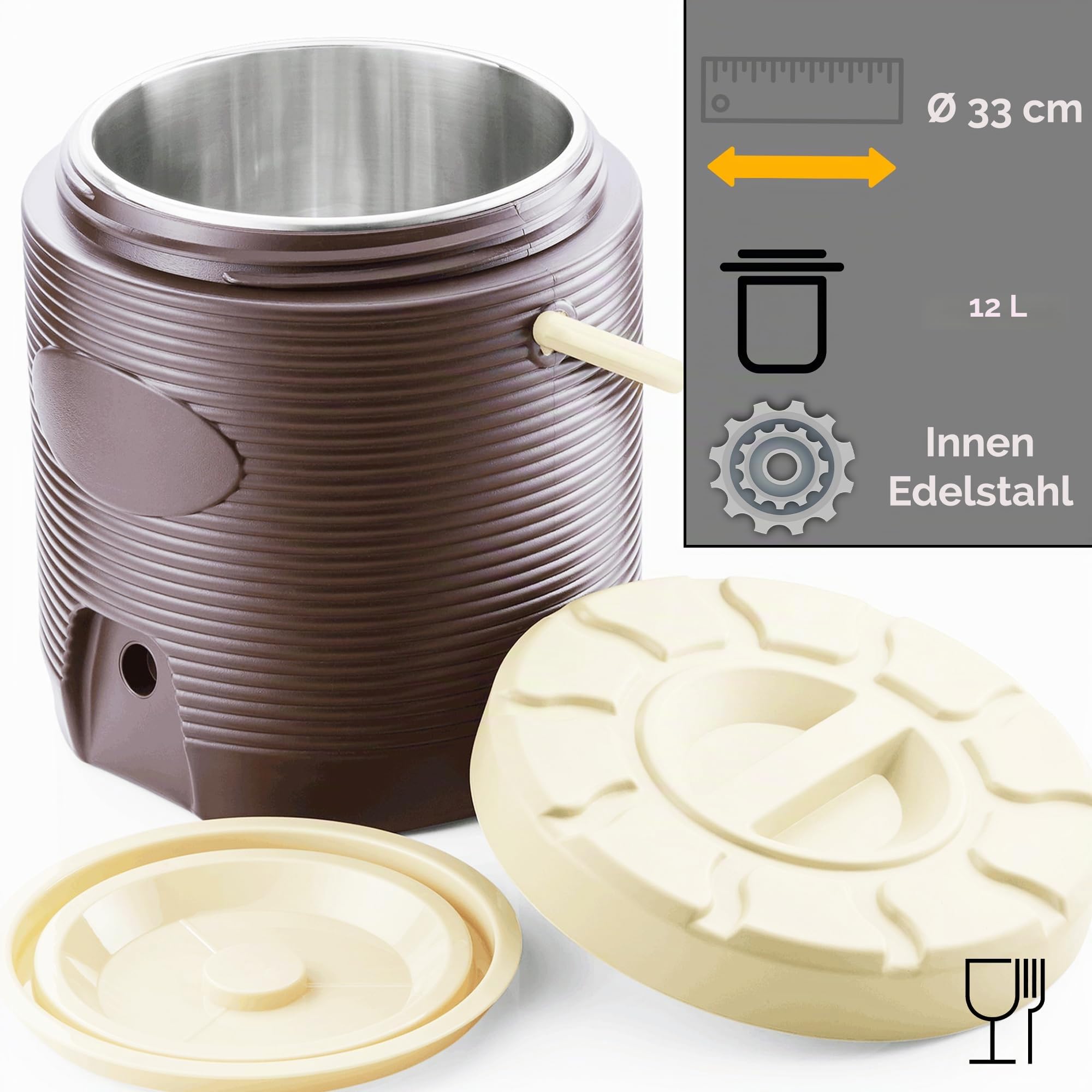 Kerafactum 12L Edelstahl Thermobehälter Thermo Essenträger Behälter mit Kunststoffhülle Stoßfest temperaturerhaltend hygienisch mit Tragehenkel & sicherem Schraubdeckel Braun