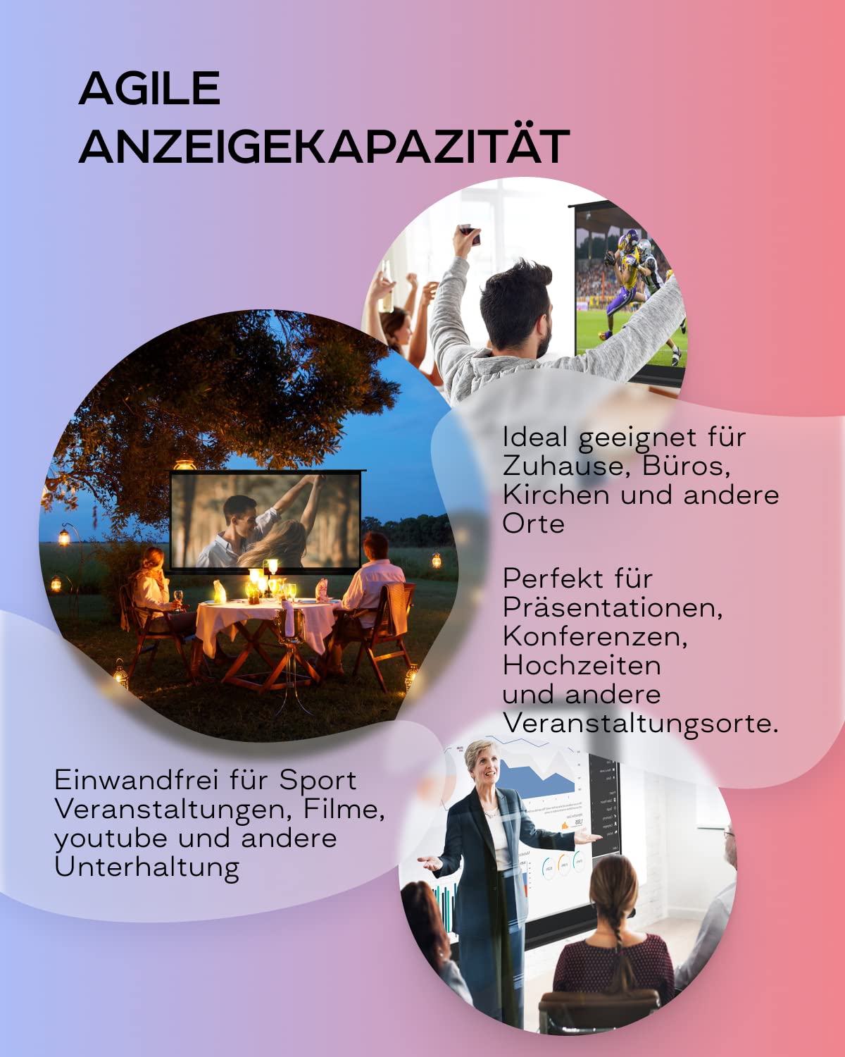 Projektionsbildschirm auf Füßen, 100 Zoll – Bildschirm für Projektor innen und außen für Filme oder Präsentationen – Display auf Stativ HD Premium ohne Falten 16:9 mit Tragetasche und Riemen