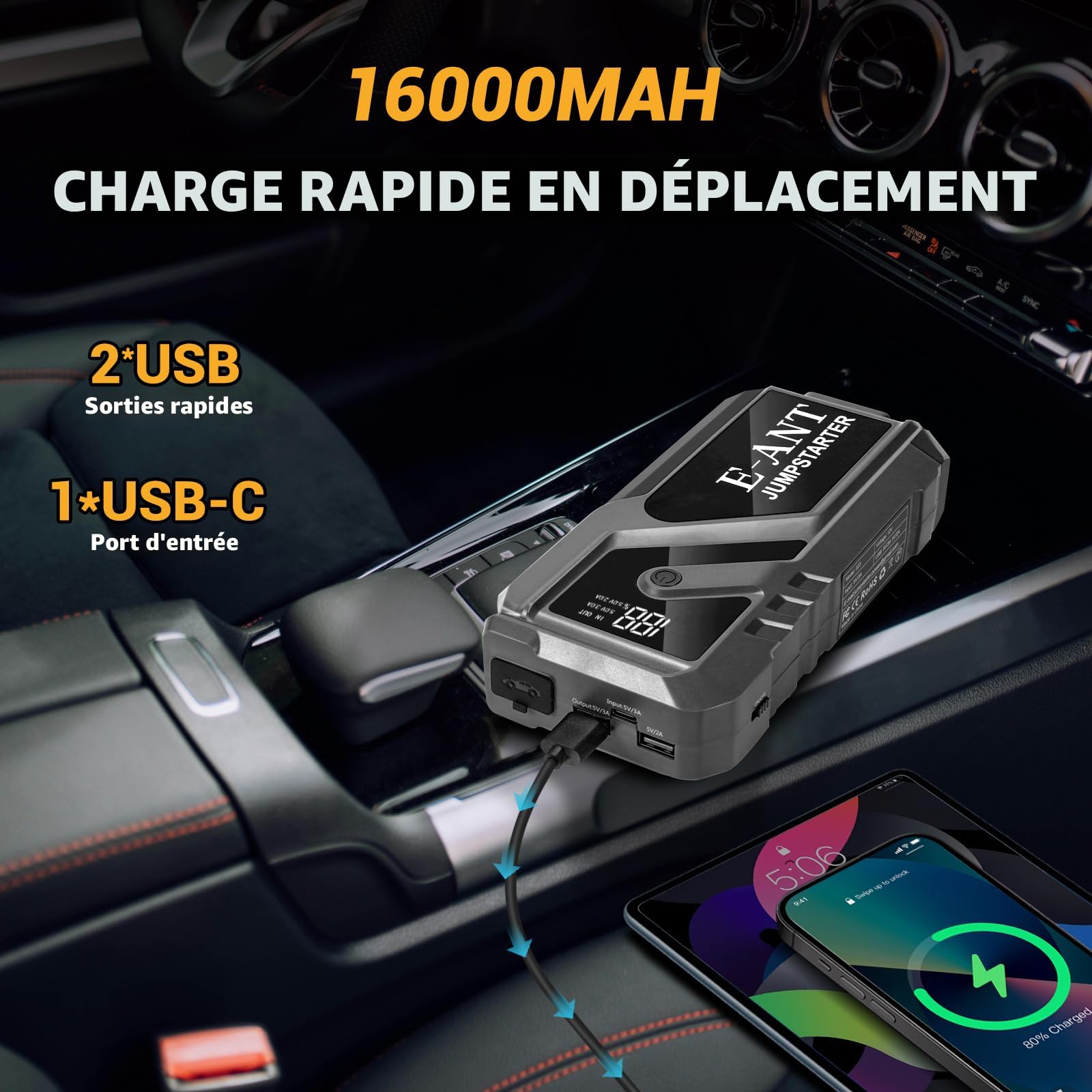 Démarreur De Voiture Portable 4000 A - Booster Batterie 12V, USB-C, écran LED - Jusqu'à 7L Essence / 5,5L Diesel