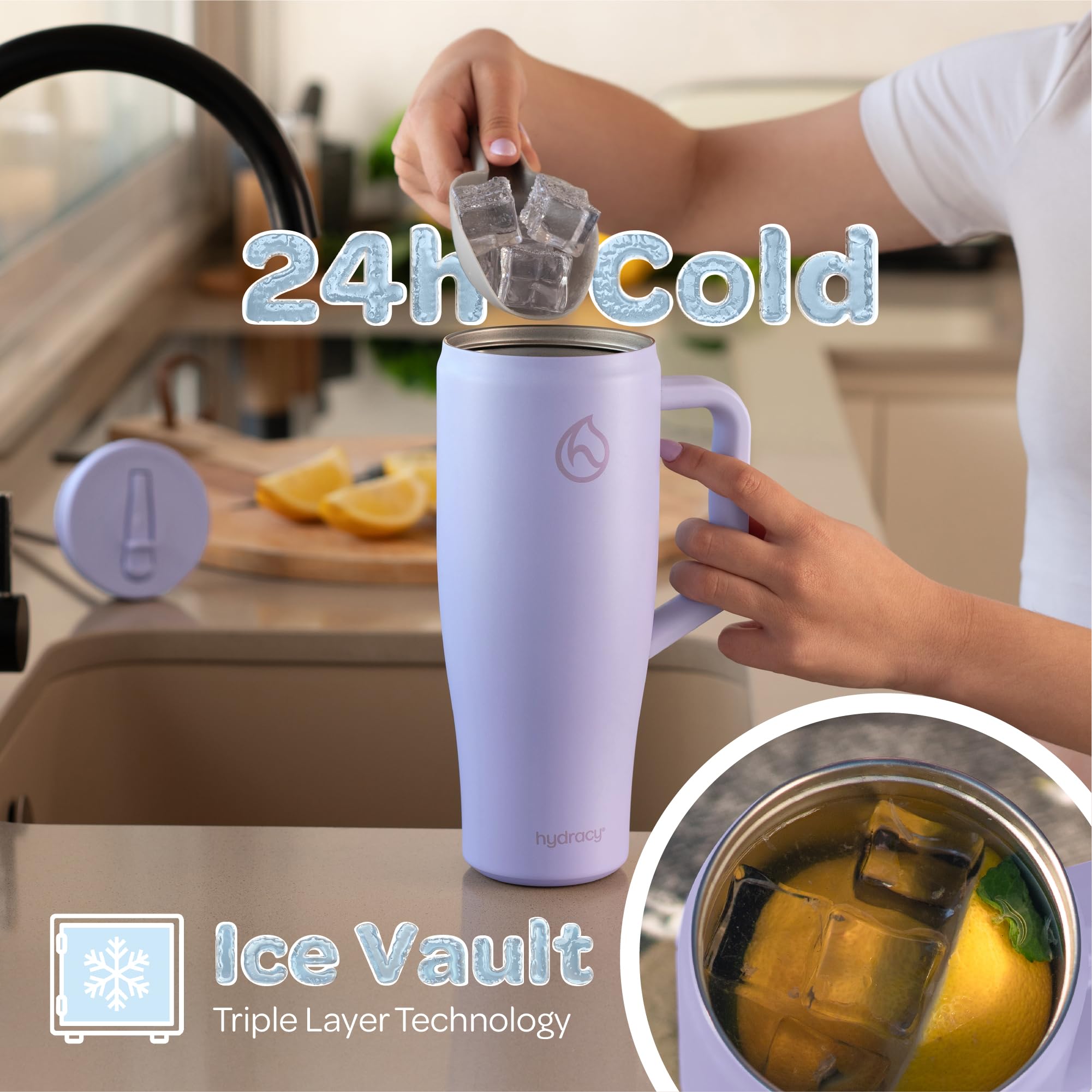 Hydracy Soulmate Bicchiere termico da 1,18 L con manico e cannuccia retrattile - Tazza isolante riutilizzabile a prova di perdite al 100% con cannuccia in acciaio inossidabile - Lilac Haze