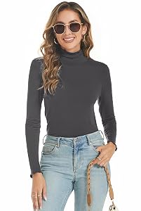 Women's Turtleneck Shirt Long Sleeve Casual Tops Stretch Basic T-Shirt Slim Fit Long Sleeve Shirt Grey L
