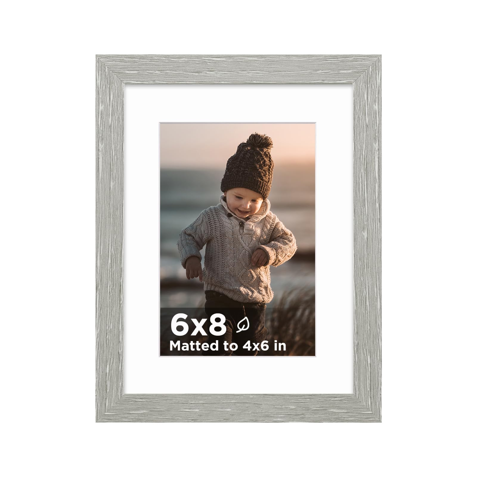 KINLINK 6x8 Picture Frame Light Grey Set of 1, Wooden Photo Frame Matted 4x6 with Plexiglass for 4x6 with Mat or 6x8 without Mat for Table and Wall