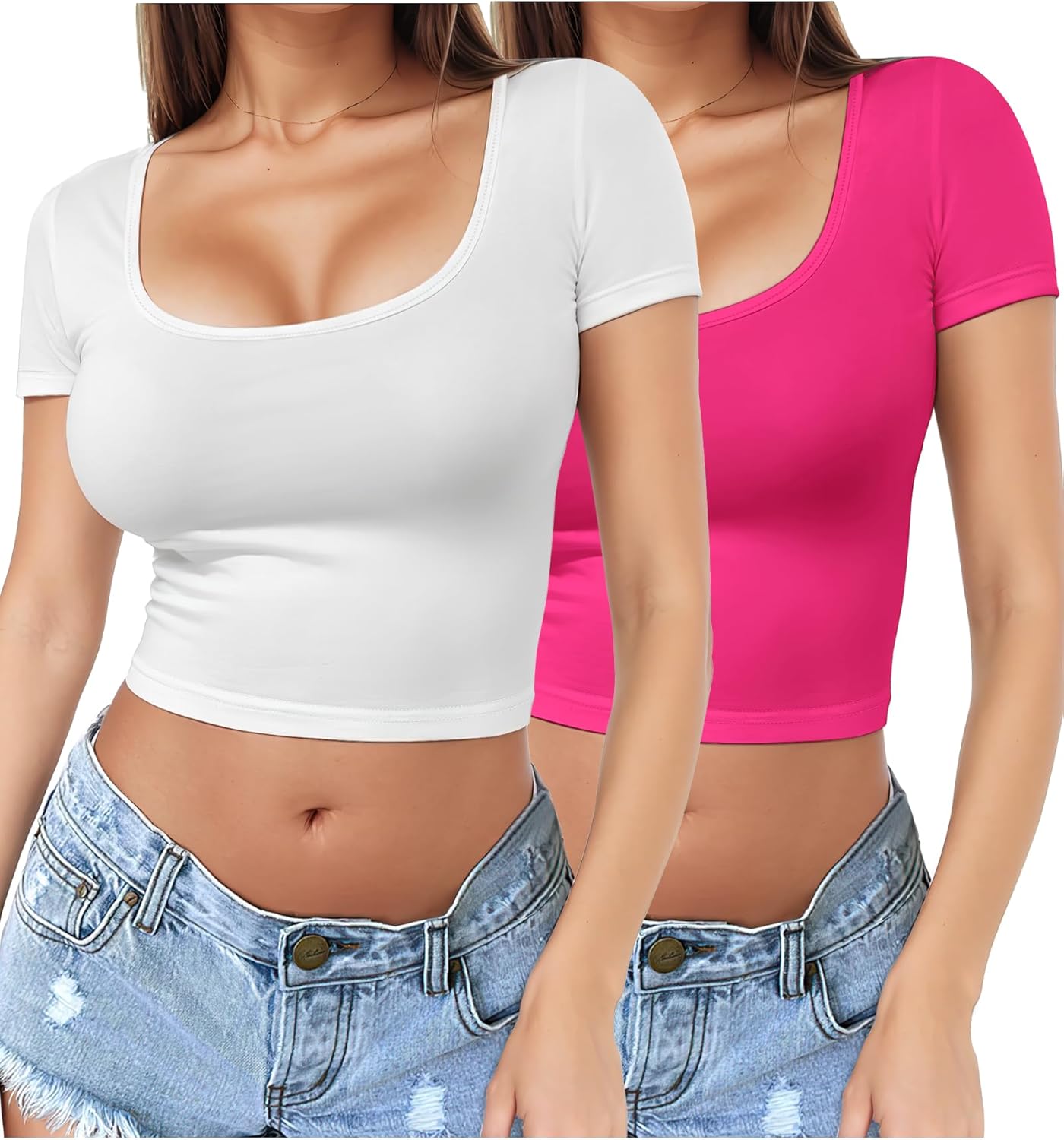 2 Piece Women's Square Neck Short Sleeve Crop Top Y2K Shirt Slim Fitted Casual Base Layer Workout Shirt Going Out Tops