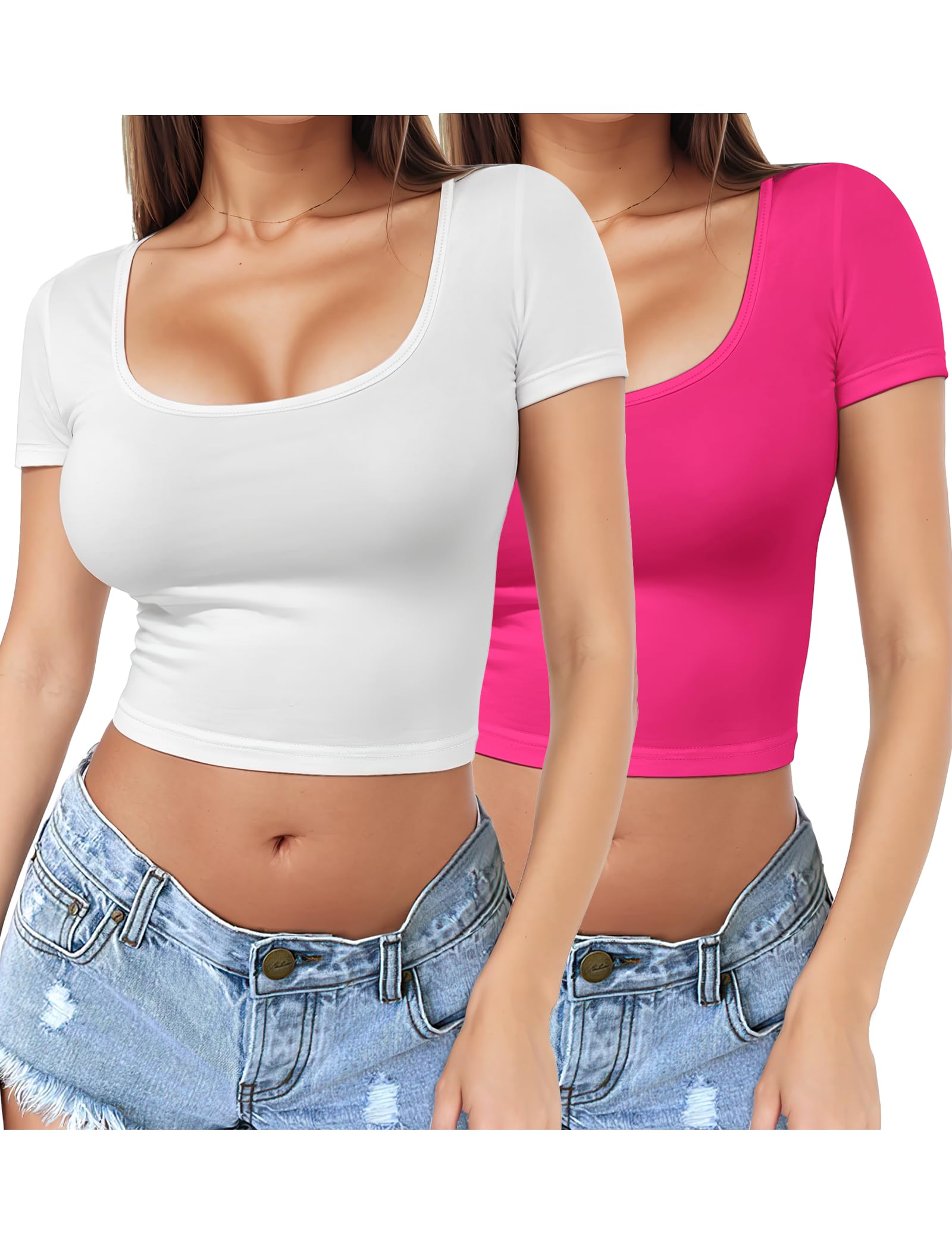 2 Piece Women's Square Neck Short Sleeve Crop Top Y2K Shirt Slim Fitted Casual Base Layer Workout Shirt Going Out Tops