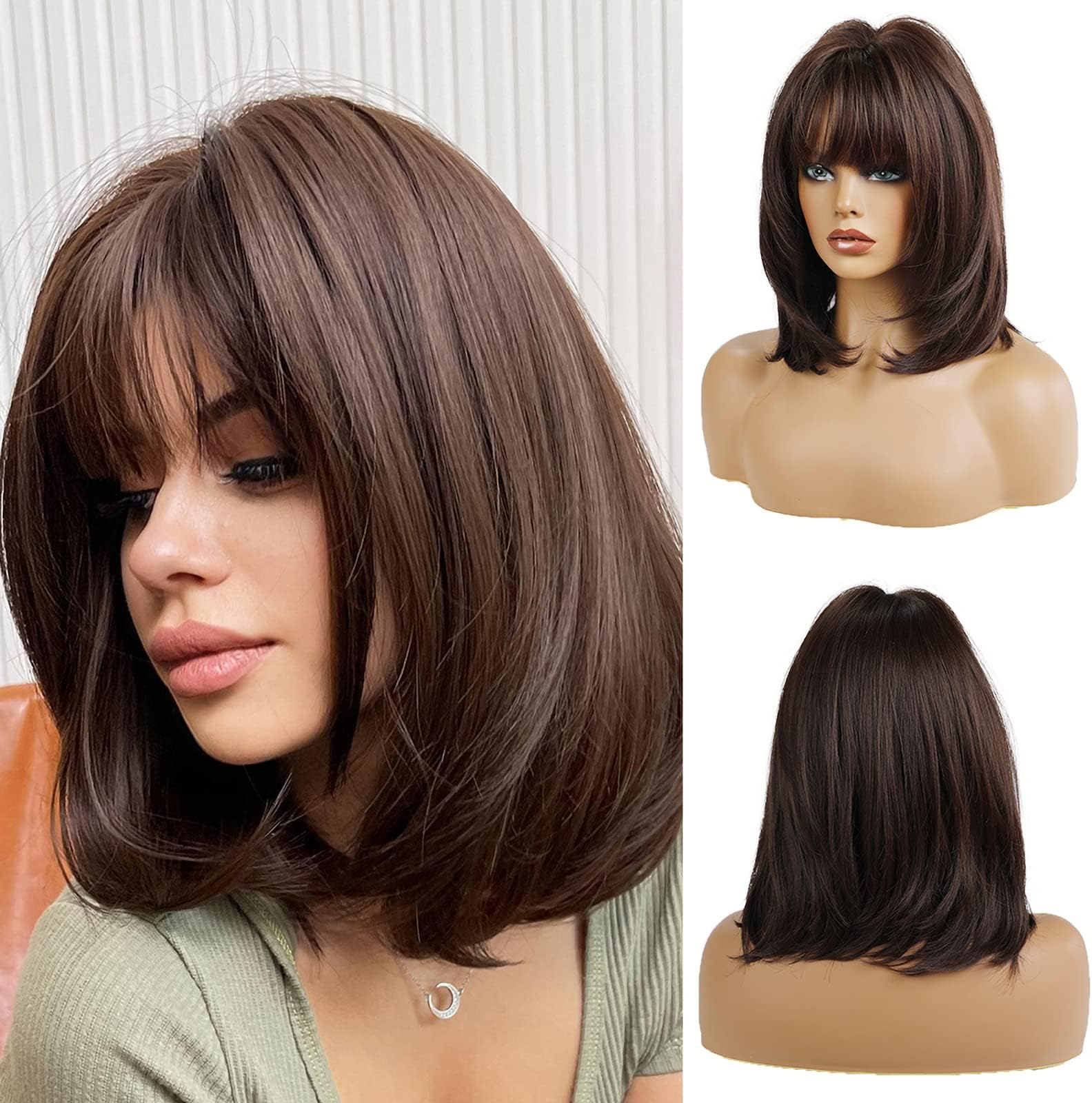 14 Inches Short Dark Brown Bob Wigs Straight with Bangs Slightly Curved Hair Ends Synthetic Hair Cosplay Daily Party Wig for Women Natural As Real Hair (Free Wig Cap)…