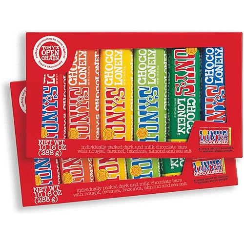 Tony's Chocolonely Chocolate Bar Variety Pack - Milk, Dark, Nougat, Caramel, Hazelnut, Almond & Sea Salt - 6 Individually Packed Bars (Pack of 2)