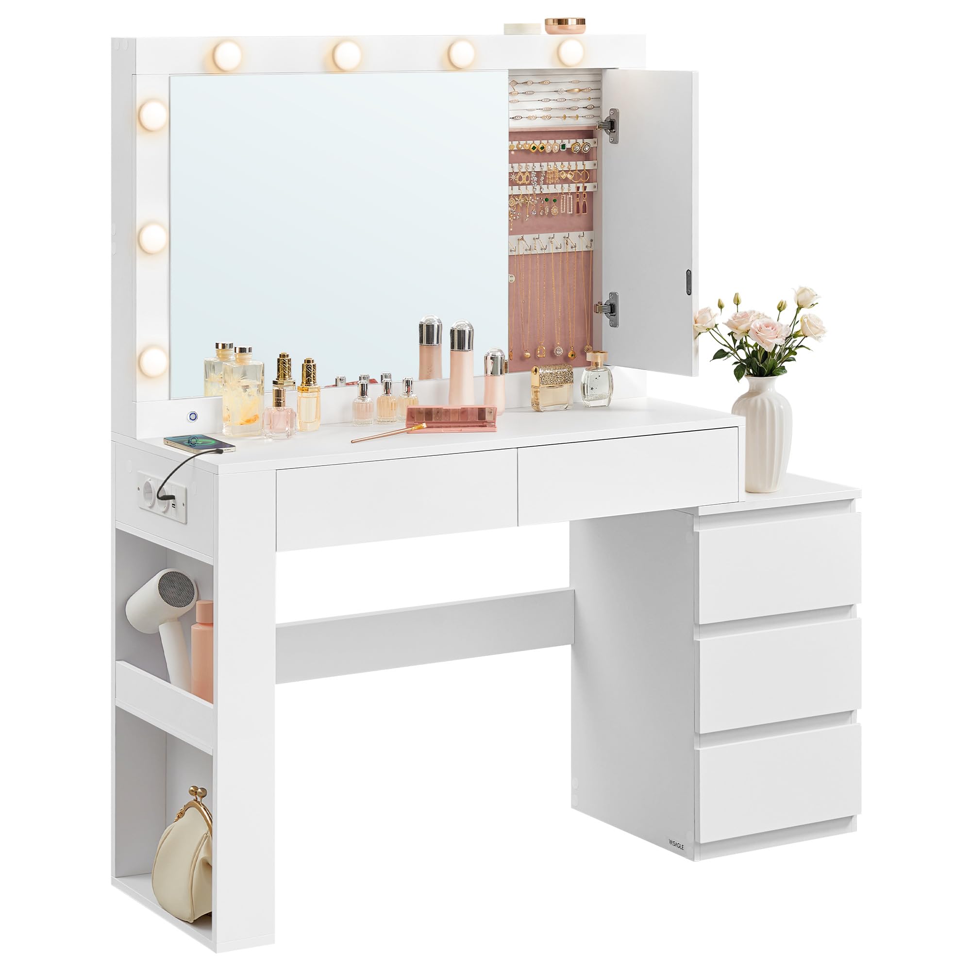 VASAGLE KAILYN Collezione - Toeletta da Trucco con Luce LED e Sgabello, Postazione Trucco con Specchio, Portagioielli, Stazione di Ricarica, 40 x 125 x 140 cm, con Cassetti, Bianco Nuvola RDT127WB01
