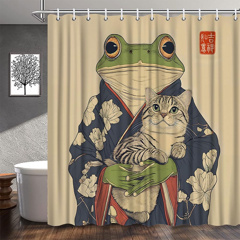 Funny Frog Shower Curtain Japanese Samurai Cute Cat Vintage Asian Wildlife Abstract Art Bathroom Decor Polyester Fabric Curtains with Hook 70Wx90H Inches