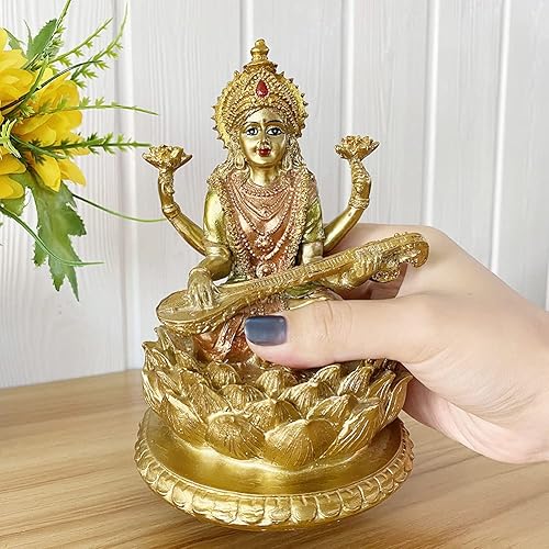 Miniatura 2 de BangBangDa Diosa hindú Señor Saraswati estatua  Ídolo indio de la música sentado en la escultura de loto  Figura de Dios de la India para el hogar,