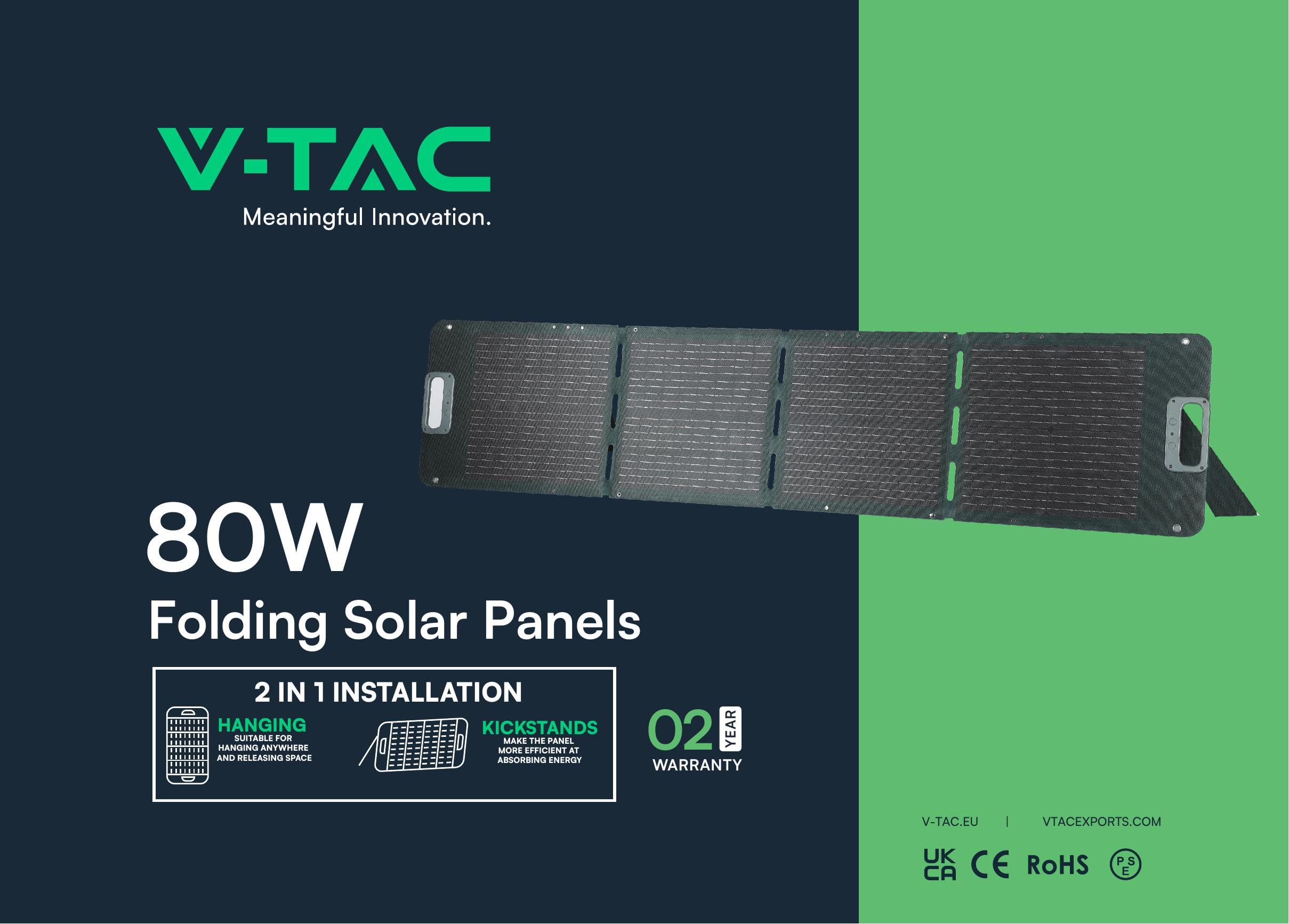 V-TAC Panneau solaire photovoltaïque portable pliable universel – 80 W – Monocristallin – Charge Power Station – Câbles et connexion XT60, DC – Ports USB-A et Type-C – Étanche IP67