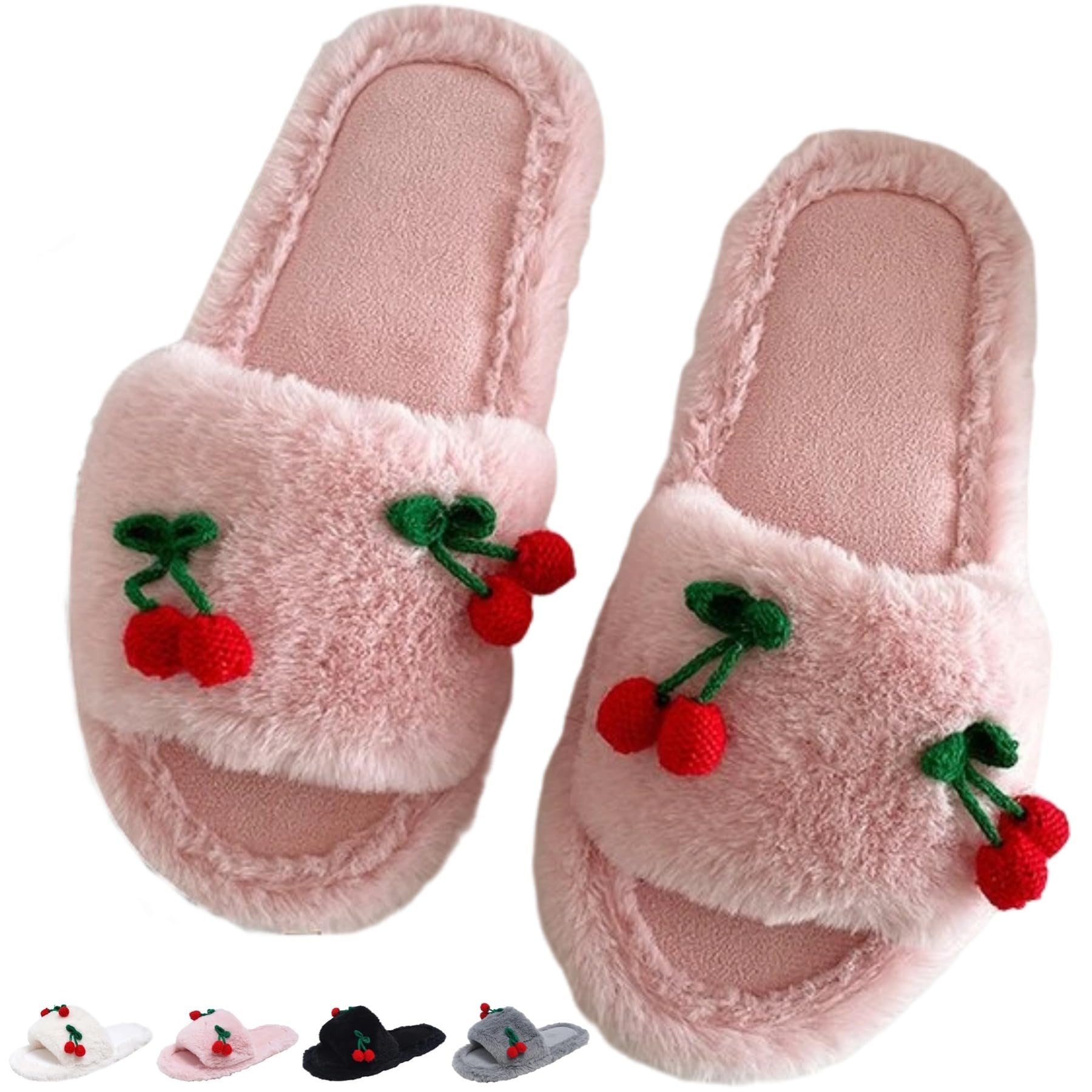iwhgrmp Cute Cherry Slippers for Women Indoor Cozy Soft Fuzzy House Slipper Winter Warm Plush Home Bedroom Shoes Slip On Lightweight