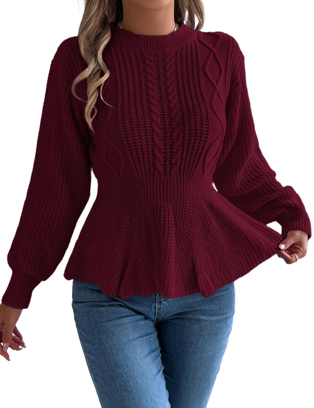 Kinghua Peplum Sweater for Women Fall Winter Casual Trendy Waist Cable Knit Pullover Sweaters Tops