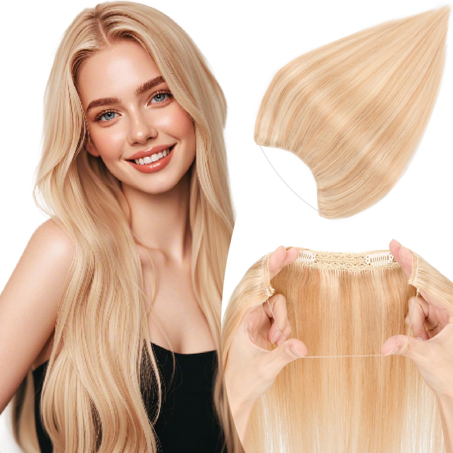 TESSHAIR Halo Hair Extensions Straight, 100% Real Human Hair, Invisible Wire Extensions for Women,55g,12 Inch,#18P613 Gold Blonde Mixed Bleach Blonde
