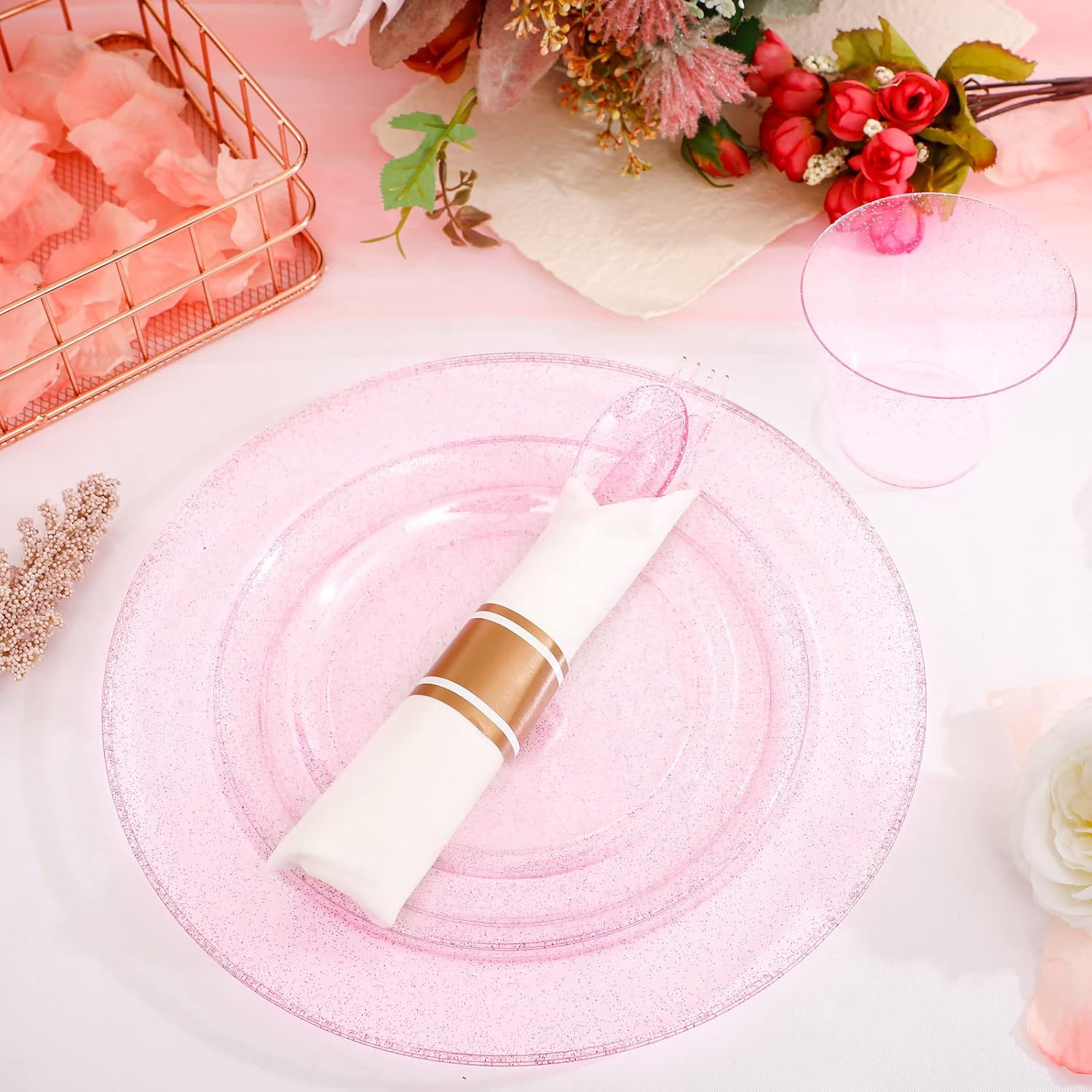 DaYammi 350PCS Rose Gold Glitter Dinnerware Set 50 Guest for Party- 50 Pink Plastic Dinner Plates, 50 Dessert Plates- 50 Per Rolled Napkins with Rose Gold Glitter Cutlery - 50 Cups 9 OZ - Image 3