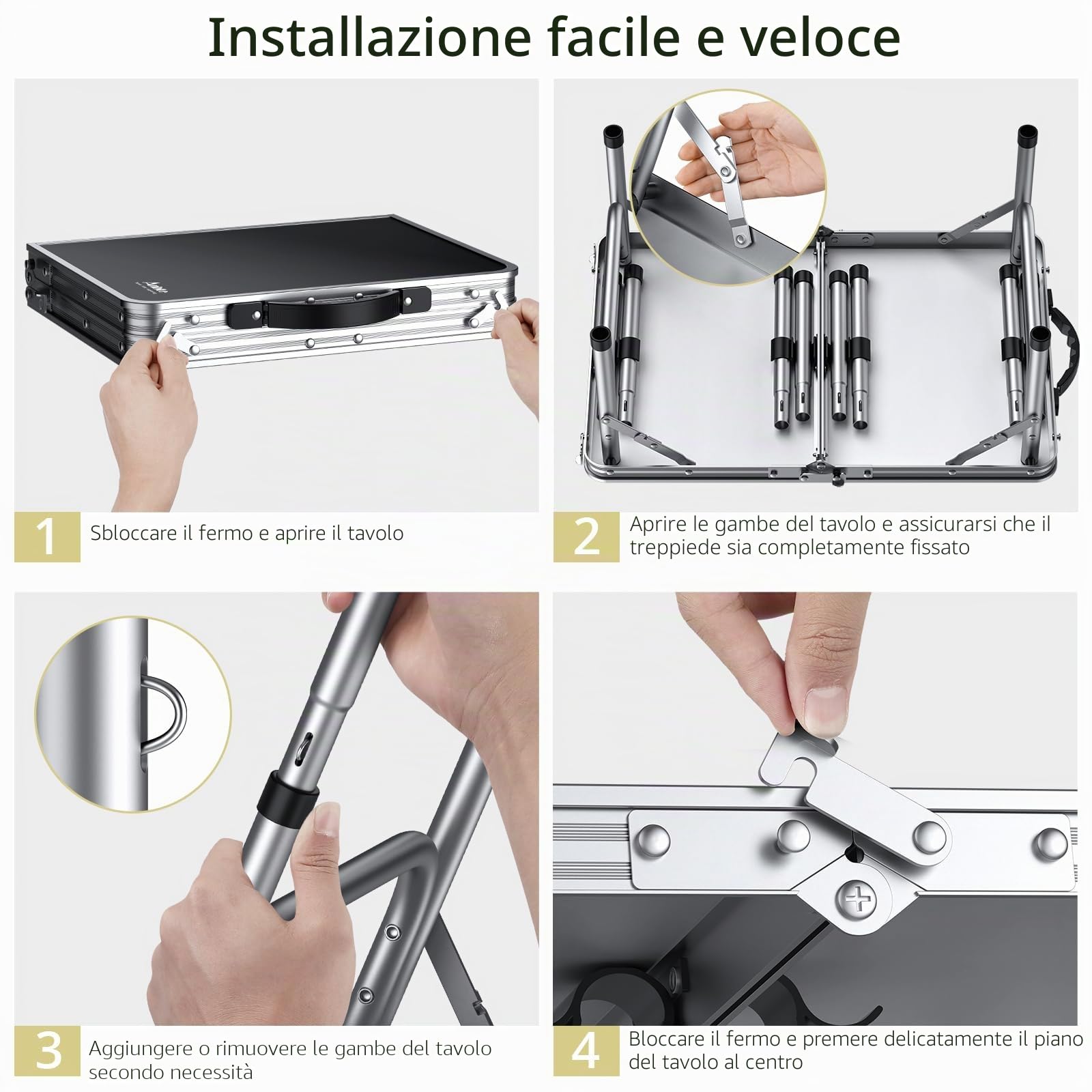 Anbte Tavolo Pieghevole da Campeggio da Caffè 58 * 40 * 67-3 Regolabili in Altezza con Gambe in Alluminio Rinforzato e Filettatura Metallo,Tavolino Portatile per Picnic/Lavoro-Nero