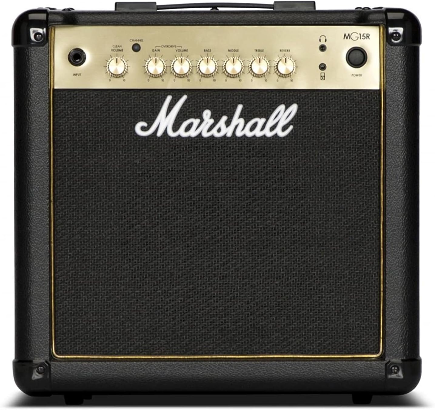 Marshall MG15GR Guitar Combo Amplifier, 15W, 2 Channels - Clean and Overdrive with Reverb, 3 Band Equalizer, 8" Speaker, Black & Gold