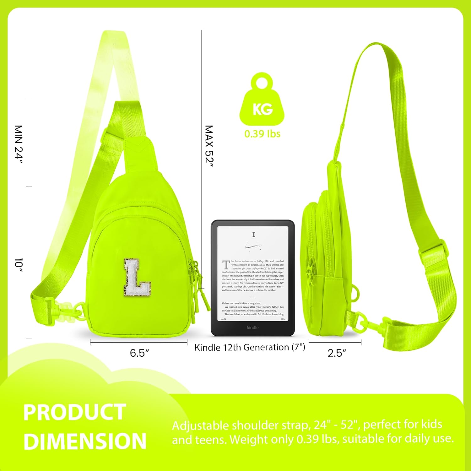 Personalized Initial Crossbody Bag for Tween Girls with Extender Strap 32"-52", Birthday Gift for 6 to 14 Year Old Girls, Sling Bag for Kids and Teens, Fluorescent Yellow with Initials L
