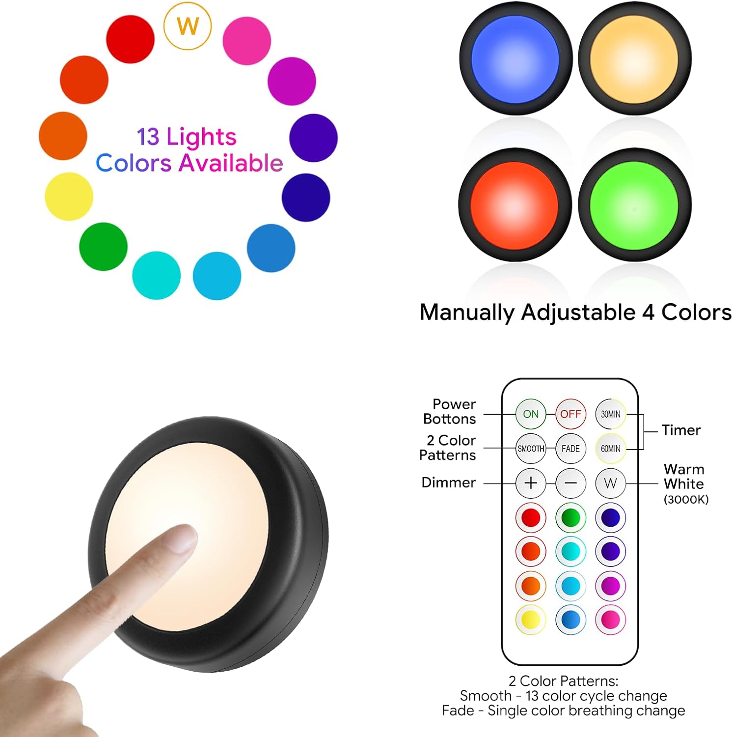 Yiliaw LED Puck Lights with Remote Control, AA Battery Operated, 12 Color Closet Under Cabinet Lighting, Push Tap Light, Under Counter for Kitchen, 12 Pack, Black-Magnetic