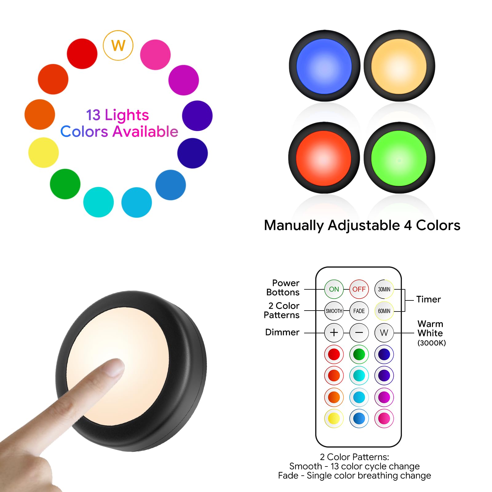 Yiliaw Luces LED con mando a distancia, funciona con pilas AA, 12 colores, iluminación para debajo de los muebles, luces de impresión, iluminación para armario de cocina, paquete de 12 unidades, color