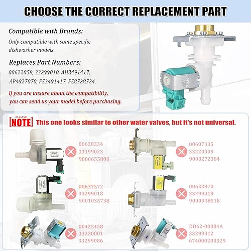 Miniatura 3 de 622058 Válvula de entrada de agua para lavavajillas - 00622058 Piezas de repuesto de la válvula de agua del lavavajillas AP4927070 PS3491417 33299010