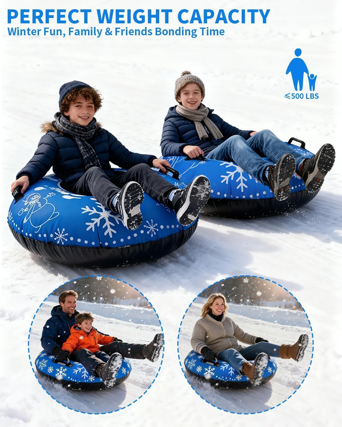 E-SDS 48" Inflatable Snow Tube Heavy Duty, Cold-Resistant PVC Inner, Wear-Resistant Oxford Cloth Outer, Inner Tube & Cloth Cover Combo, with Snowflake & Snowman Pattern, Sledding Tube for Gift - Blue
