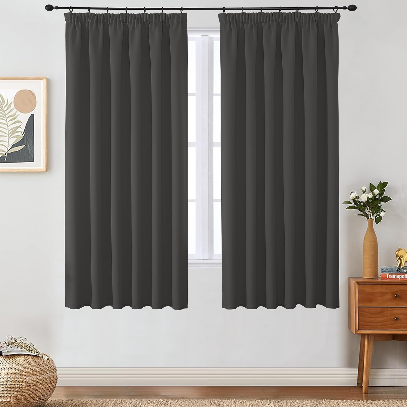 VEHEDE Short Curtains for Small Window – Pencil Pleat Blackout Drapes, Thermal Insulated, Dark Grey, W46 x L63 Inch, 2 Panels