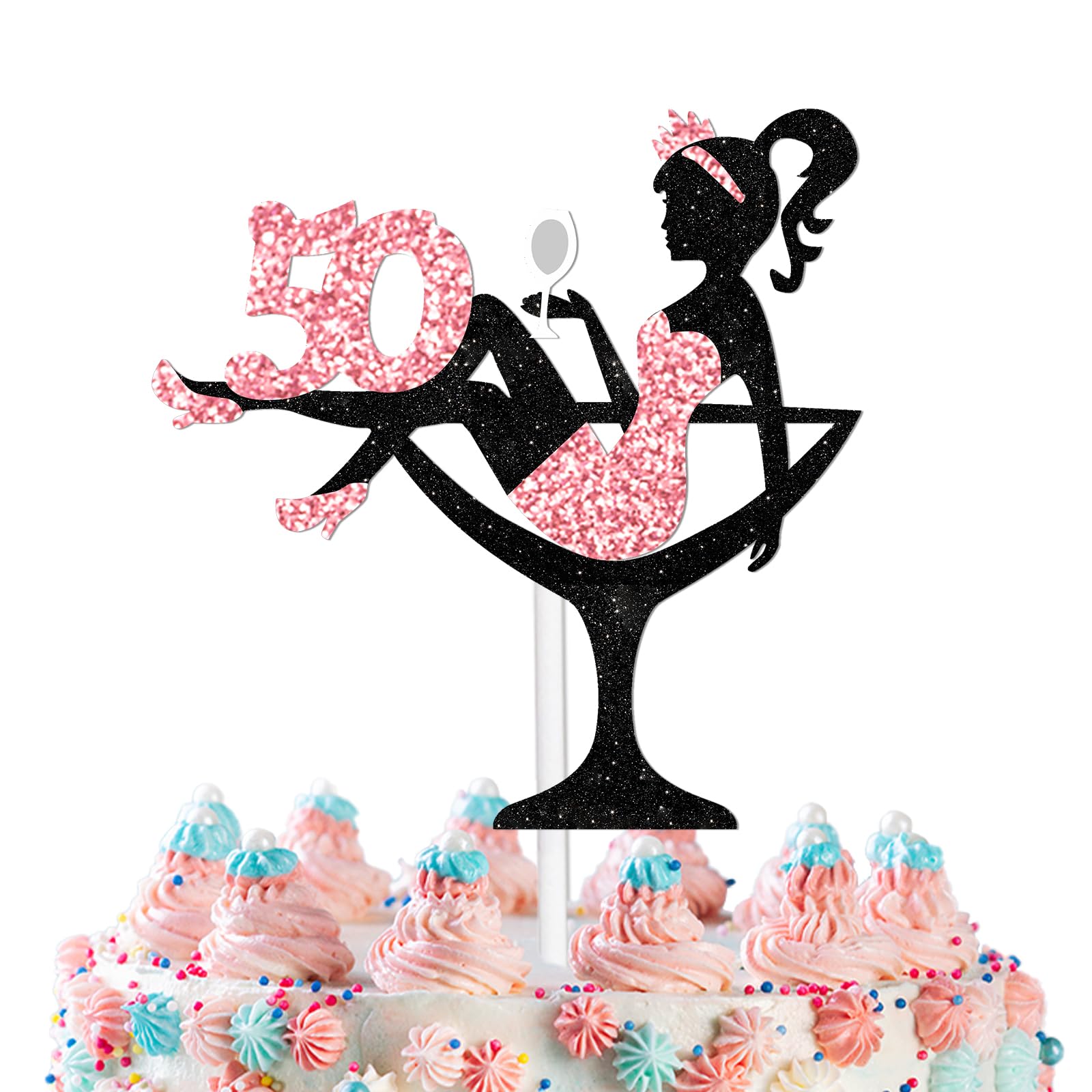 Sitting Girl Cake Topper Picks for Girl Lady 50th Birthday Makeup Spa Theme Party Decoration Supplies 50 Silhouette High Heeled Cake Decor Rose Gold Glitter