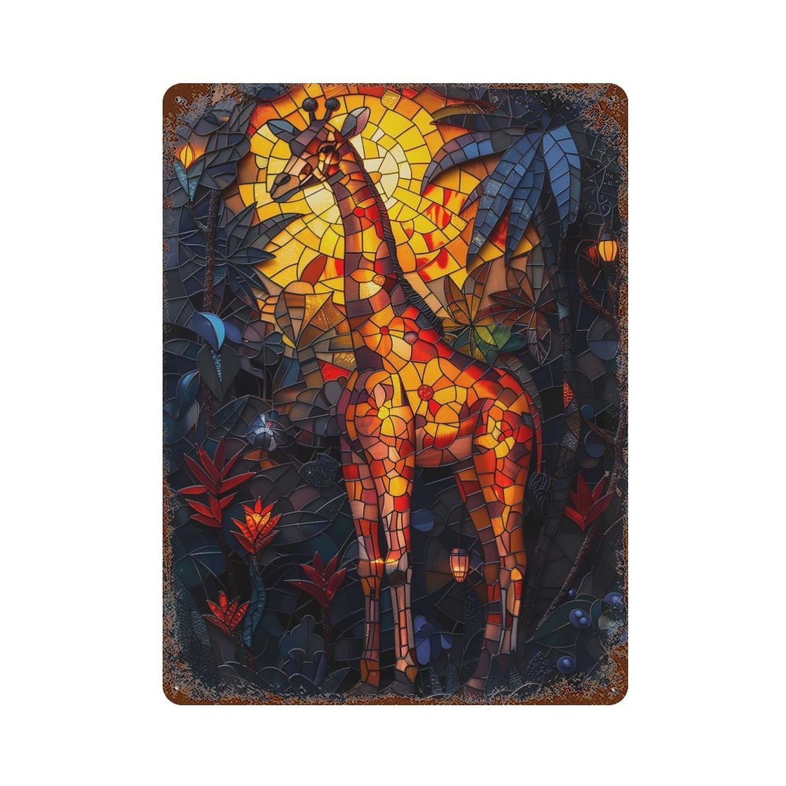 Giraffe Stained Glass Aged Metal Wall Plaque 15.7"x11.8", Ideal for Garage, Bar And Workshop Decor