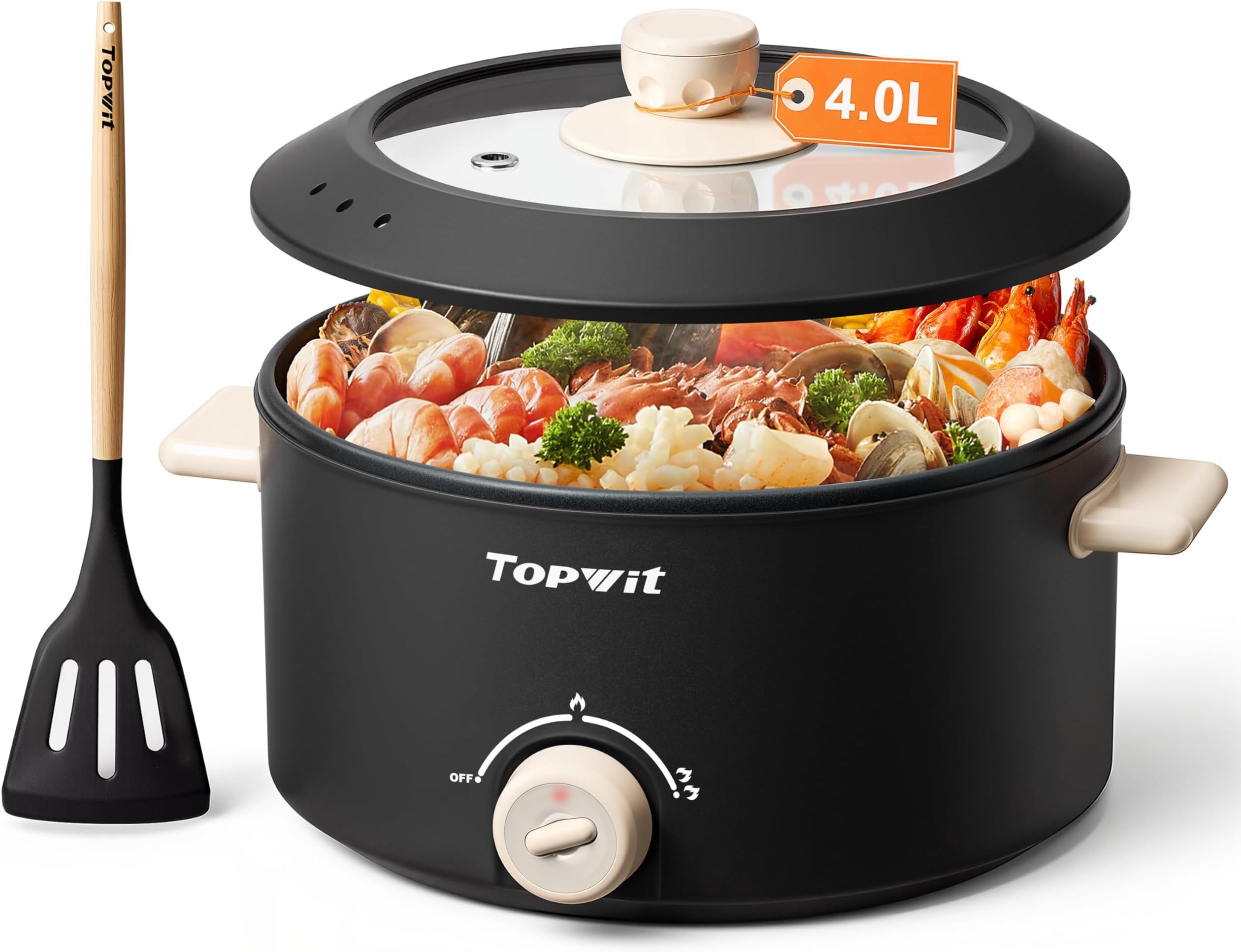 TOPWIT Hot Pot Electric, 4L Electric Pot with Non-Stick Coating, Dual Power Electric Cooker for Deep Frying, Steak, Pasta, Multi-Functional Large Capaity Shabu Shabu Pot for Party, Dark Black
