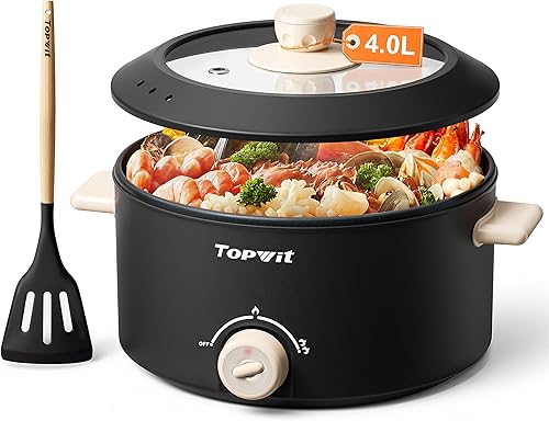 TopWit Olla Eléctrica Hot Pot, Olla Eléctrica de 4L con Revestimiento Antiadherente, Cocina Eléctrica de Doble Alimentación para Freír en Profundo,