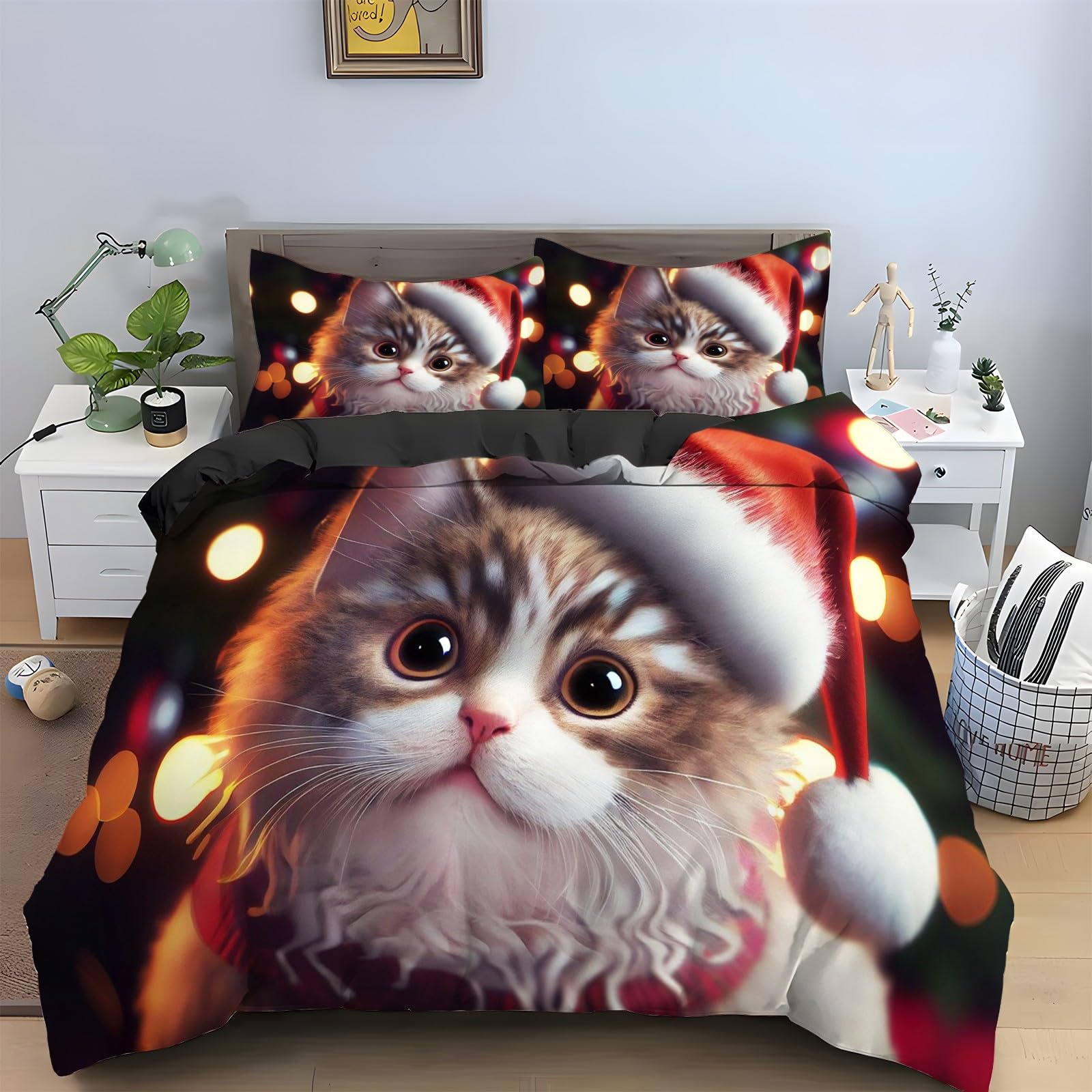 Housse de couette 220x240 chat de Noël pour illuminer votre chambre en fêtes