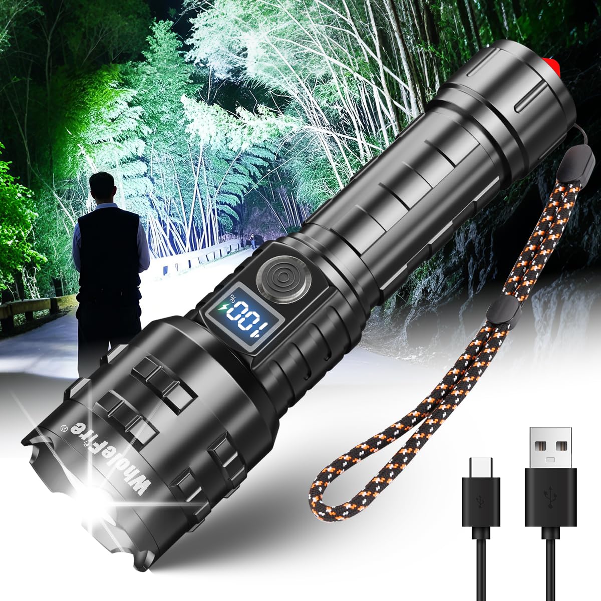 WholeFire Torches LED Super Bright, LED Torch Rechargeable XHP70, Torch Battery Powered, Powerful Flashlight Zoom for Camping Emergency Gift