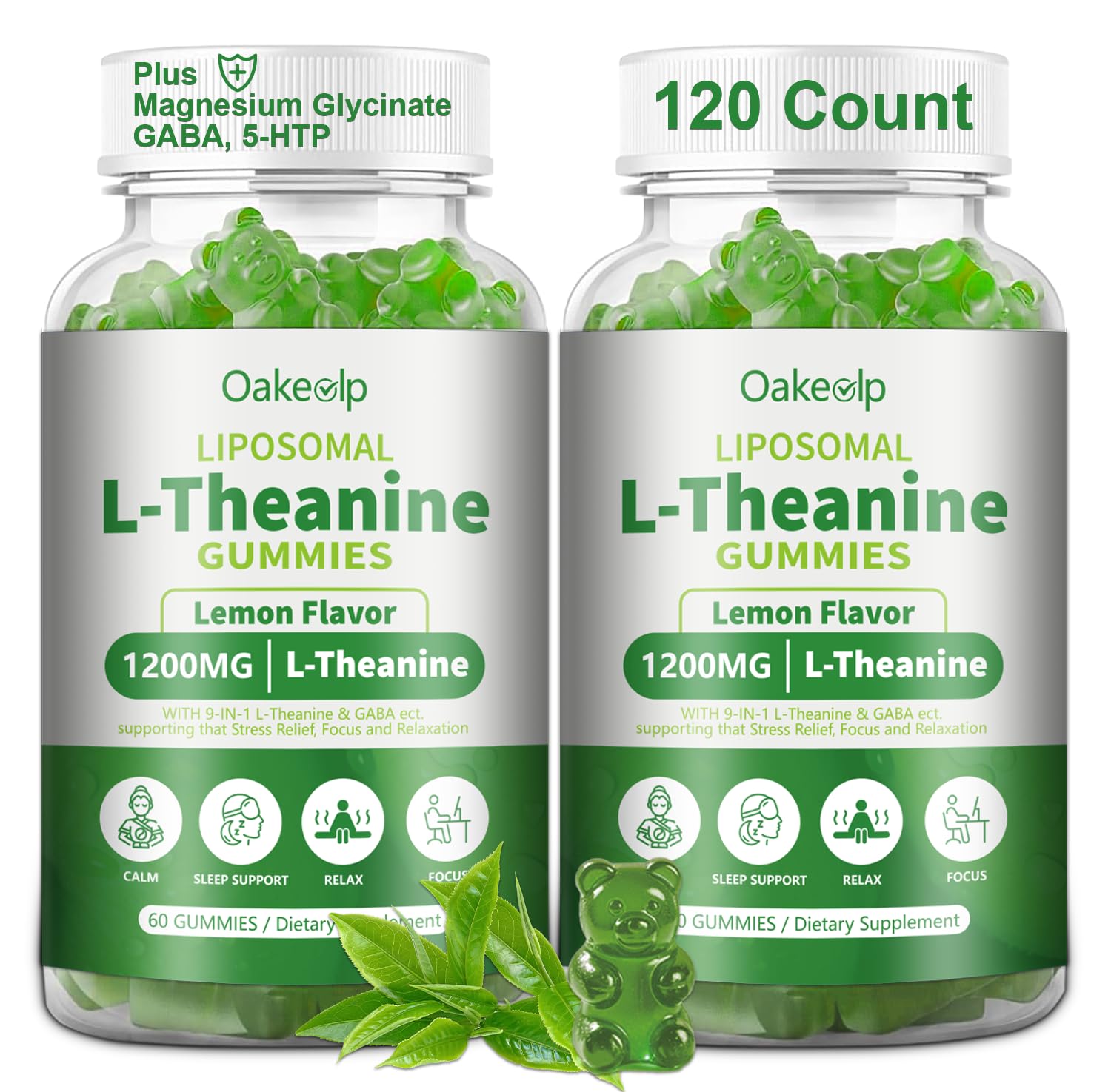 Oakevlp Gomas de L-teanina lipossomal com GABA, 5-HTP, magnésio glicinato e ashwagandha 1200 mg, 120 unidades