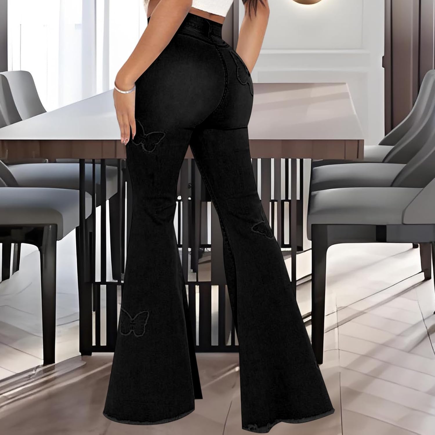 Women's Butterfly Bell Bottom Jeans Elastic High Waisted Embroidered Classic Flareed Jeans Raw Hem Denim Pants with Pocket - Image 2