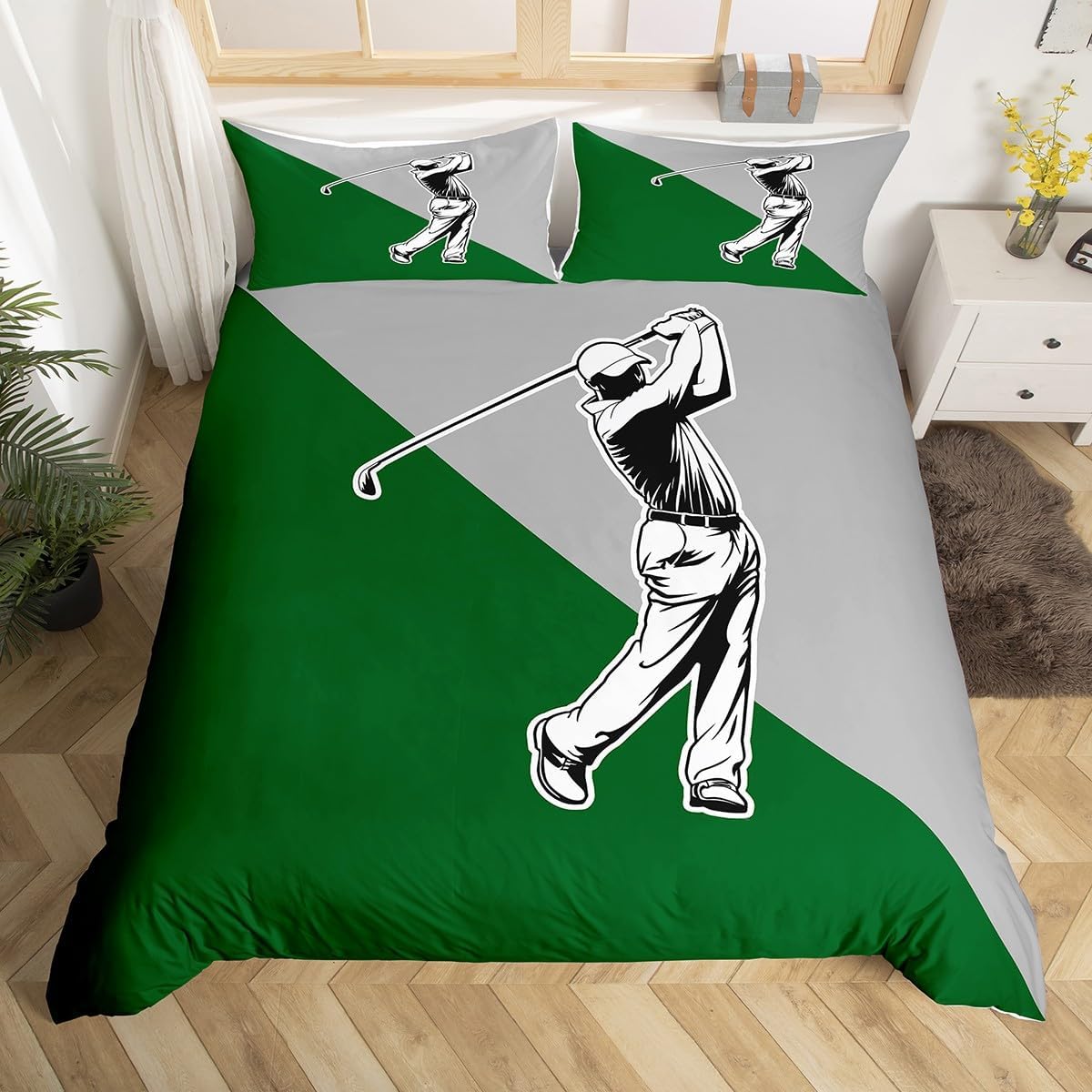 Golf Kids Duvet Cover Set Queen Size,Ball Sports Games Modern Fashion Bedding Set,Boys Girls Adults Room Decor,Geometric Patchwork Chic Comforter Cover,Grey Green Unique Quilt Cover,2 Pillowcases