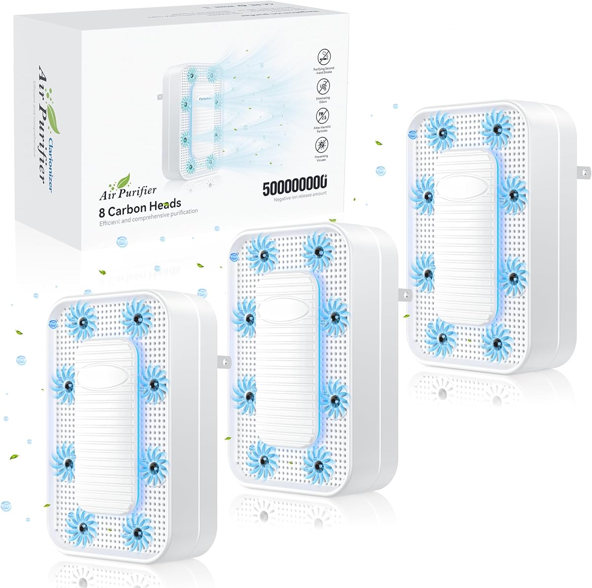 Air Ionizers for Home (3 Pack), 10 Times Efficiency Improvement, 99% Odor Eliminator for Pet Odors, Plug In Negative Ion Air Purifiers for Bedroom, Kitchen, Office - Dust, Smoke Smell (White)