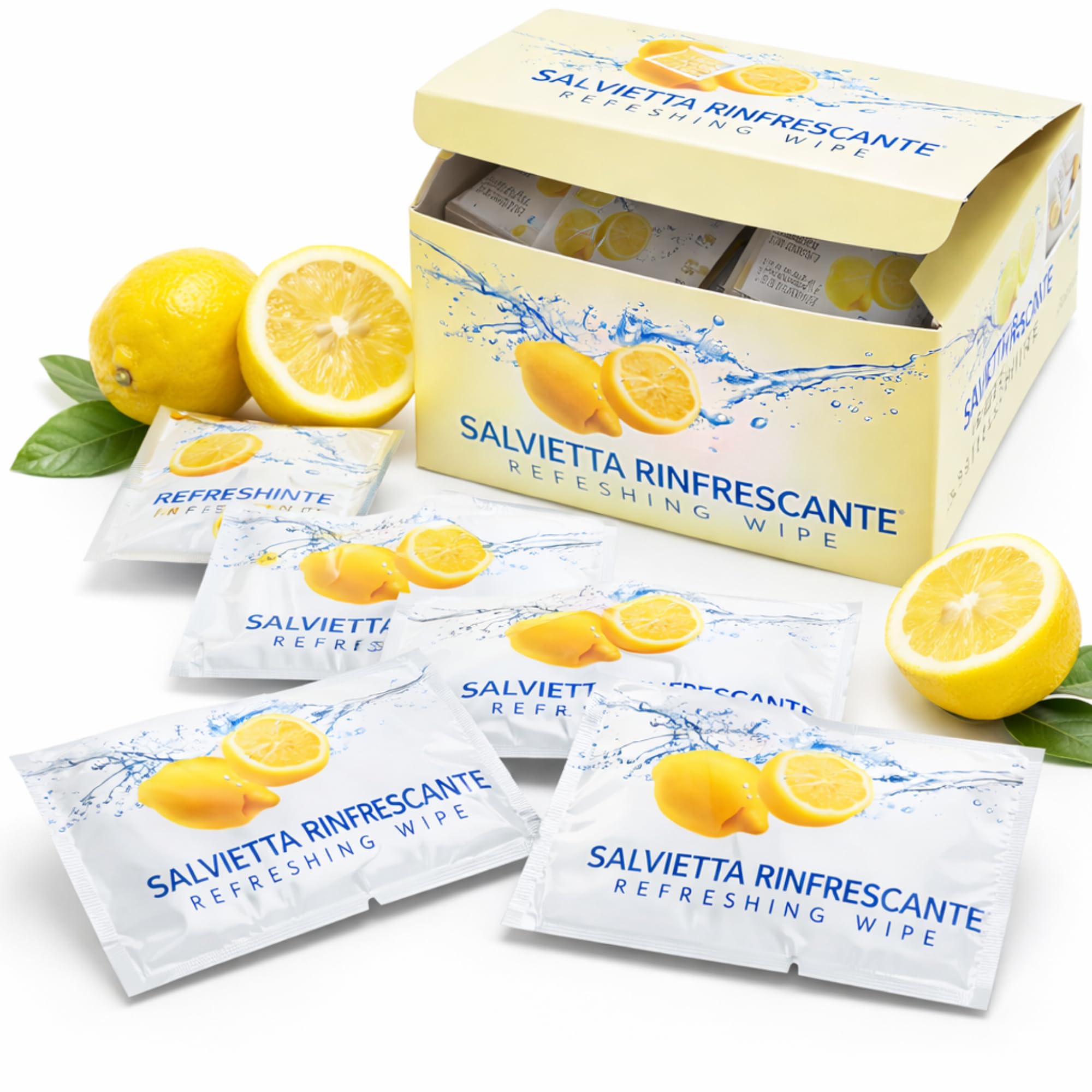500 Salviette Umidificate Monouso Profumo Limone - Imbustate Singolarmente per Ristoranti, Hotel e Catering - Salviette Igienizzanti e Rinfrescanti per Mani e Viso