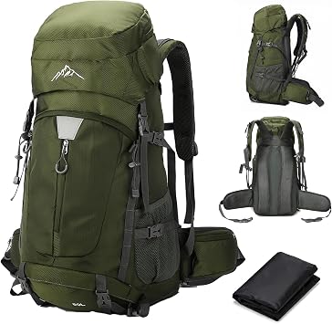 Hiking Backpack Waterproof 60L, Lightweight Camping Backpack Sport Travel Rucksack Daypack with Rain Cover for Women Men Climbing Trekking Walking Travelling Backpacking Bag Outdoor