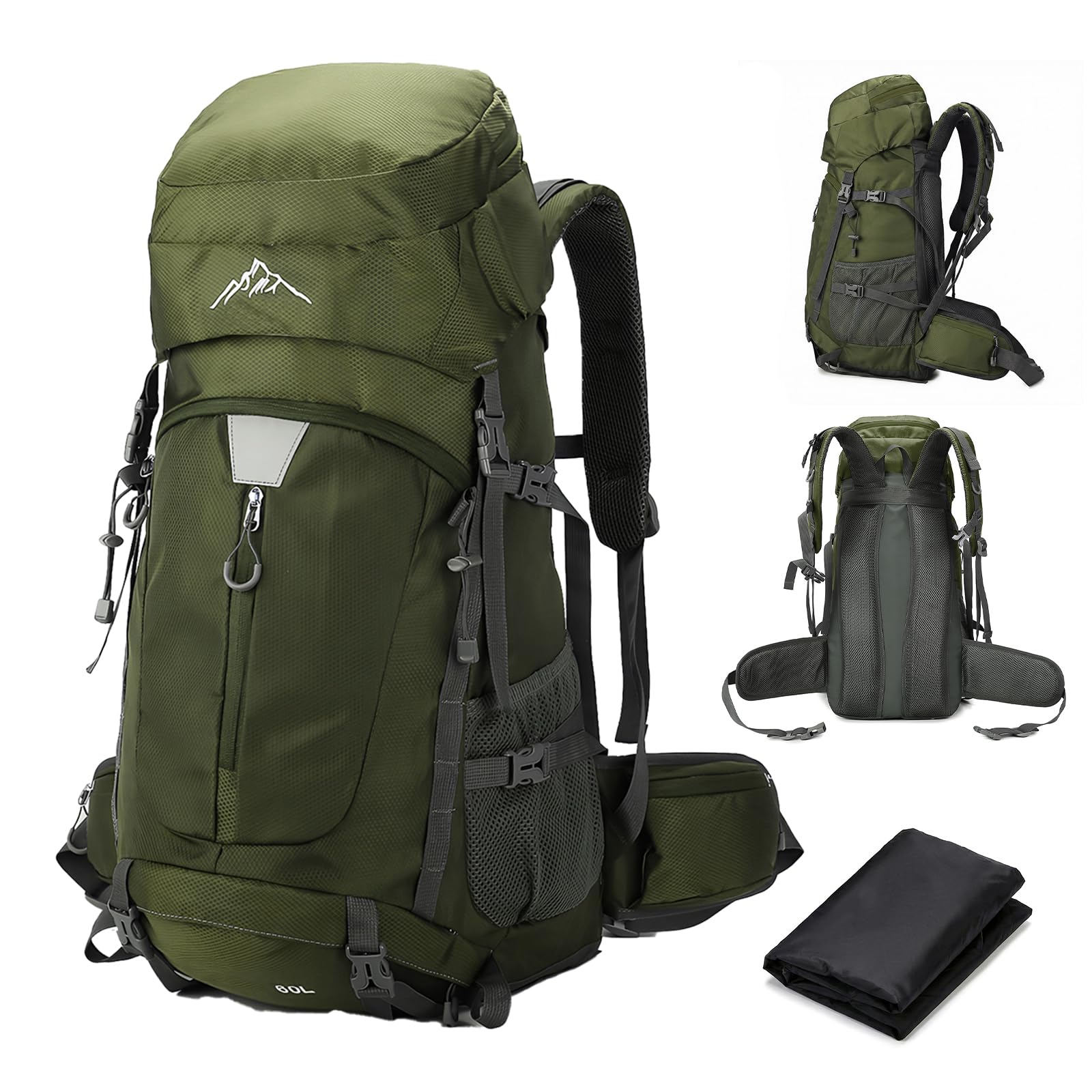 Zaino da escursionismo impermeabile da 60 l, leggero, da campeggio, sportivo, da viaggio, con copertura antipioggia, per alpinismo, escursionismo, viaggi, attività all'aperto, verde, L