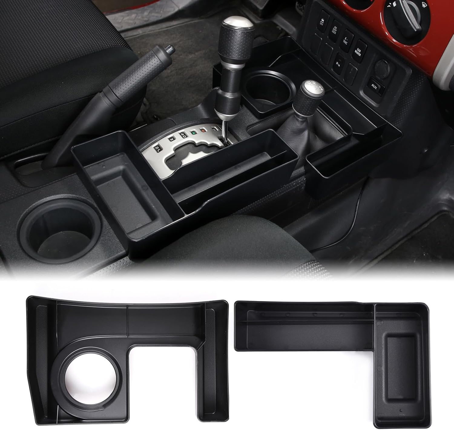 Car Center Console Gear Shift Storage Box Kit Compatible with Toyota FJ Cruiser 2007-2021 Gear Shifter Console Front U+L-shaped Storage Organizer Tray ABS Accessories (Only Fit Automatic Transmission)