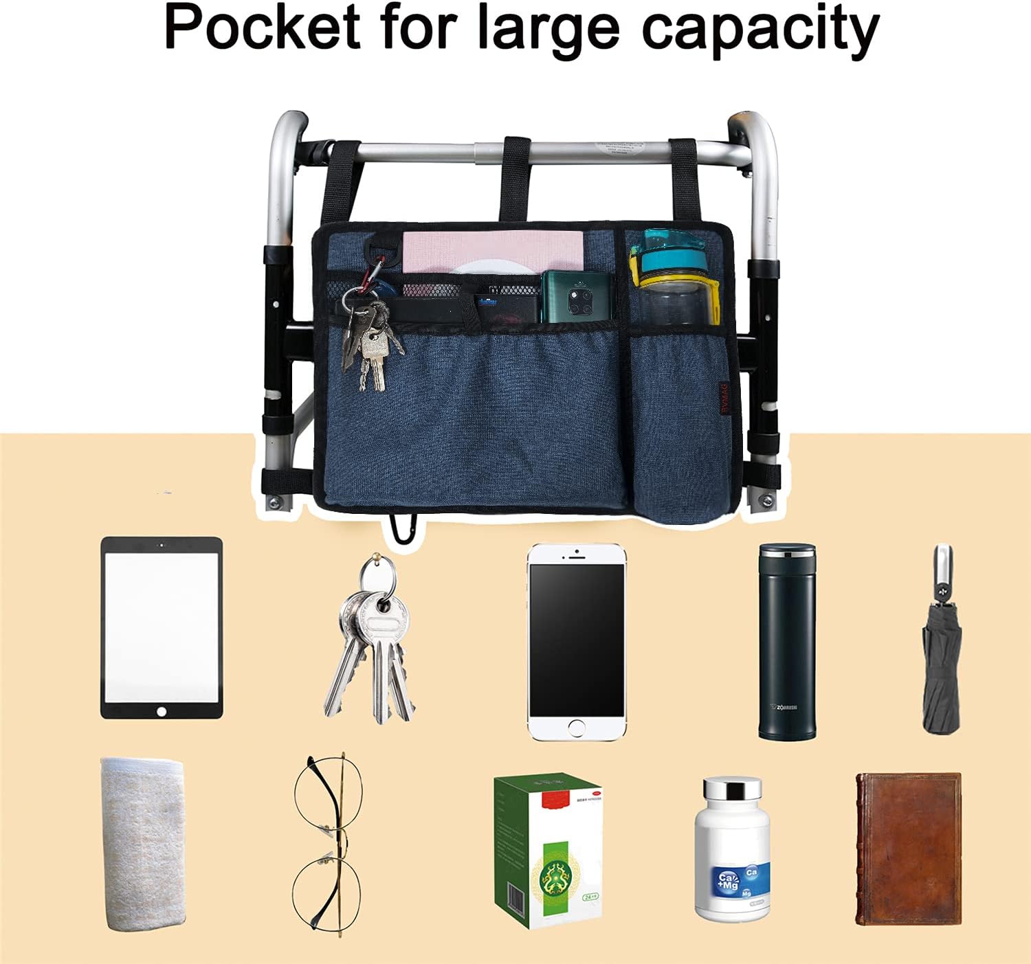 BVMAG Walker Bag Pouch Basket with Cup Holder Armrest Attachments Hand Free Storage Bags Waterproof for Folding,Rollator,Wheelchairs Accessories Suit for Elderly Seniors Handicap Disabled (Blue) : Health & Household
