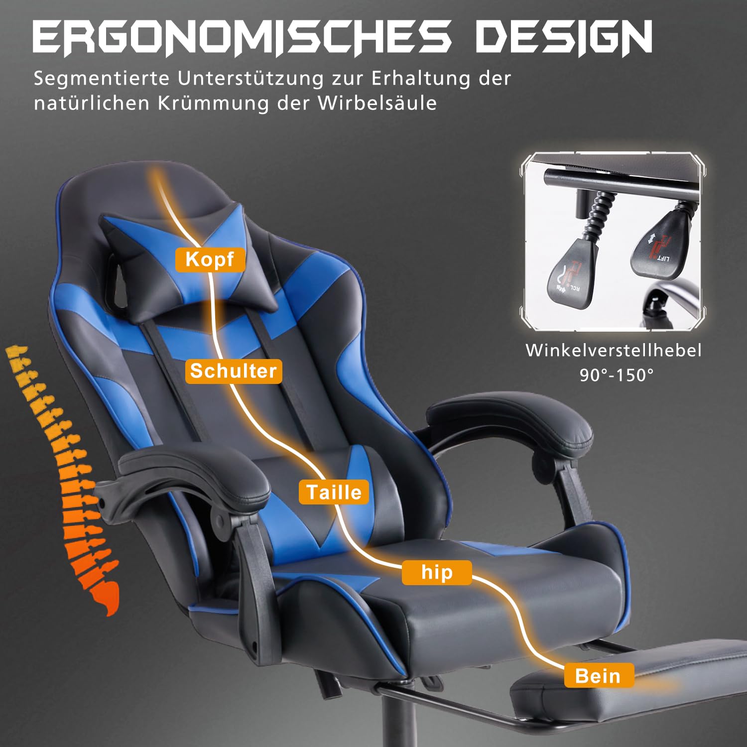 DUMOS Silla para Gaming, Silla ergonómica para Gamer, con reposapiés, reposacabezas y Soporte Lumbar, Altura Regulable, Acolchada, 150 kg, soporta hasta 150 kg, Color Negro y Azul